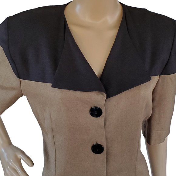 Vintage Midi Sheath Dress Women's 8 Button Front 40's Style V Neck Shoulder Pad - Picture 5 of 12